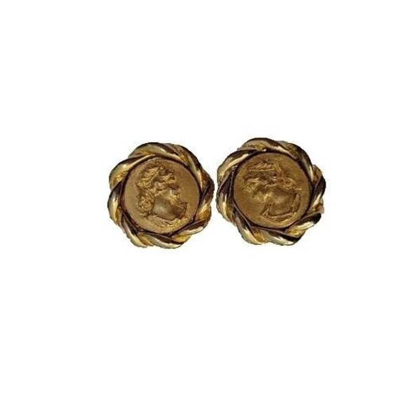 Rare Vintage Greek Goddess Cameo Coin Clip On Earrings Yellow Gold Tone - Picture 2 of 10